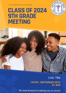 9th Grade Meeting Flyer, two youths and an adult laughing together