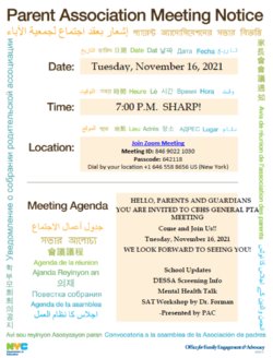 Parent Association Meeting Notice in multiple languages sharing the date, time and link to the meeting.